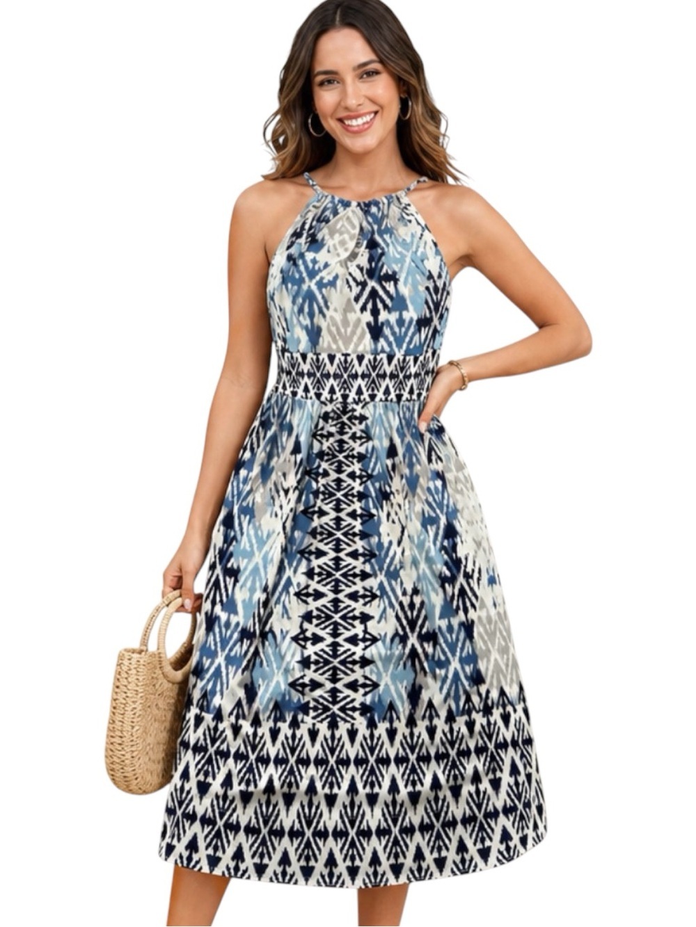 London Times summer dress, Sz 2, Stretch, abstract print, blues,